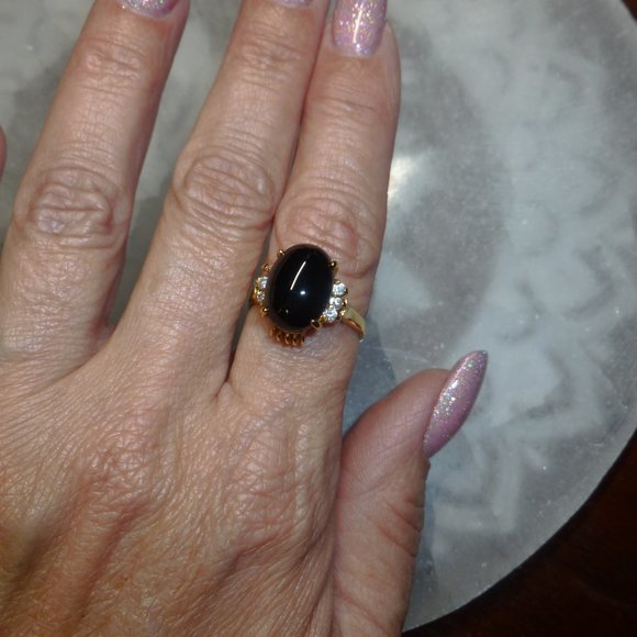 18k Yellow Gold EP Onyx Cubic Zirconia Dolphin Ore Ring - Picture 6 of 13